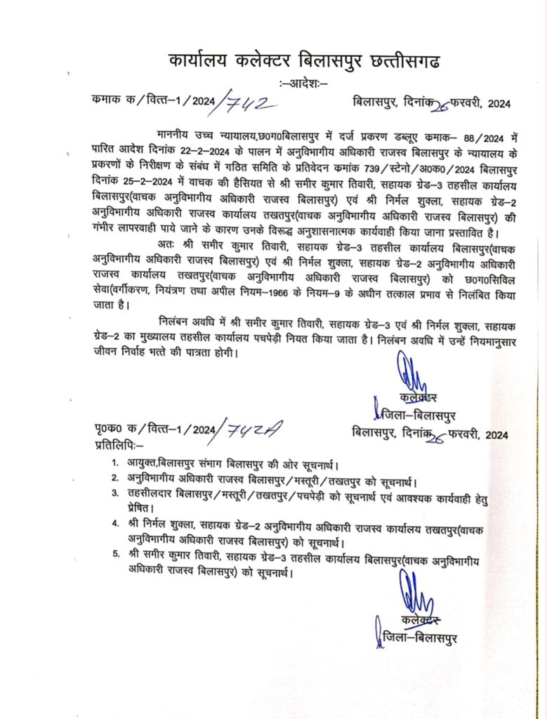 एसडीएम के दो रीडर और एक पटवारी निलंबित , तहसीलदारों को किया स्थानांतरित - कलेक्टर की बड़ी कार्यवाही 2 Screenshot 2024 02 26 13 23 16 80 e2d5b3f32b79de1d45acd1fad96fbb0f