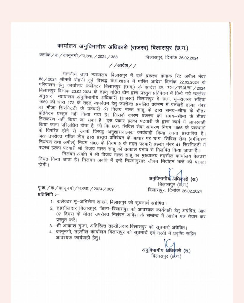 एसडीएम के दो रीडर और एक पटवारी निलंबित , तहसीलदारों को किया स्थानांतरित - कलेक्टर की बड़ी कार्यवाही 3 Screenshot 2024 02 26 14 58 24 51 e2d5b3f32b79de1d45acd1fad96fbb0f